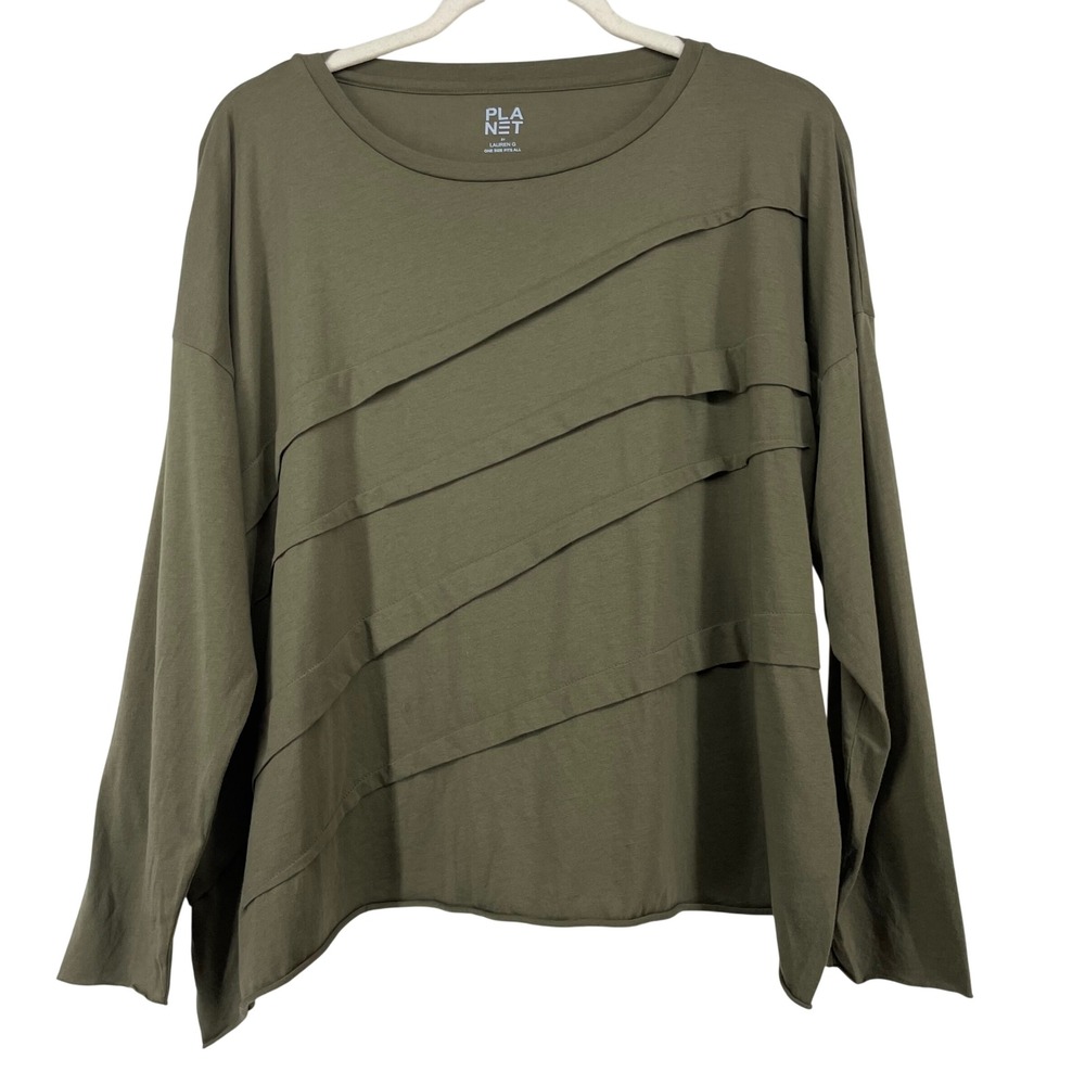 Planet OS Pima Cotton Top Olive Green Tiered Raw Edge Long Sleeve Womens M/L